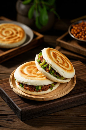 Close up of Chinese meat filled sesame cakesの素材