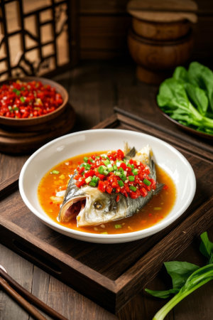 Chopped pepper fish head on a Chinese tableの素材