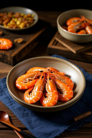 Delicious prawns on a wooden tableの素材