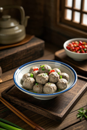 A bowl of meatballs on a Chinese wooden tableの素材