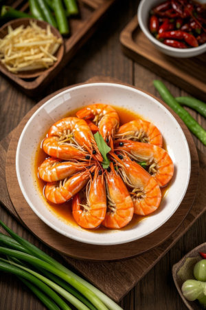 Braised prawns neatly arranged on a plateの素材