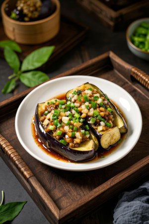 Close up of a delicious eggplant dish on a plateの素材