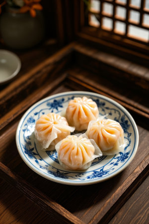 Delicious shrimp dumplings on a Chinese porcelain plateの素材