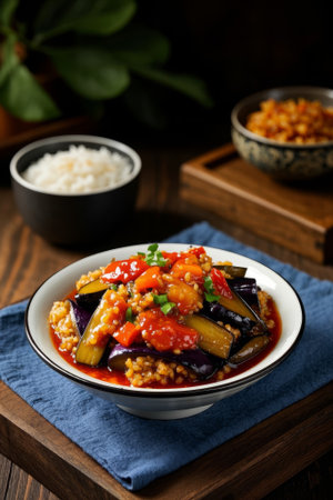 Eggplant dishes and rice on a wooden tableの素材