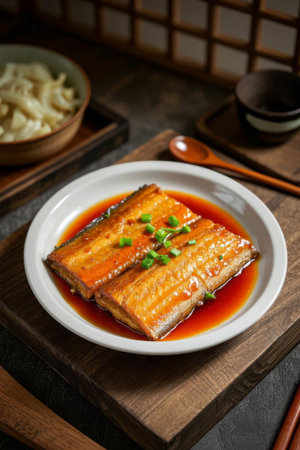 Braised mackerel with chopped green onions on a plateの素材
