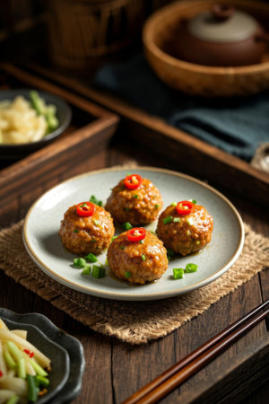 Braised lion's head on a Chinese tableの素材
