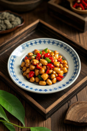 Close up of the Chinese dish Kung Pao Chickenの素材