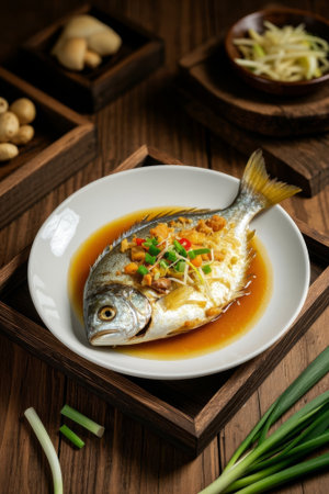 Steamed fish on a plate with condiments such as onions and gingerの素材