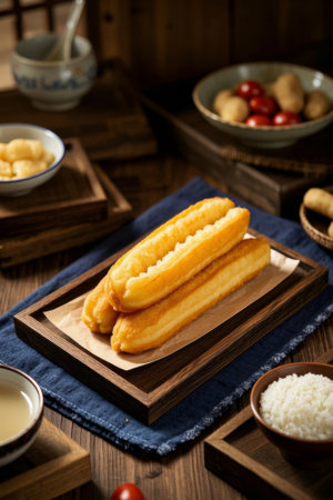 Chinese breakfast fried dough sticks and accompanying foodの素材