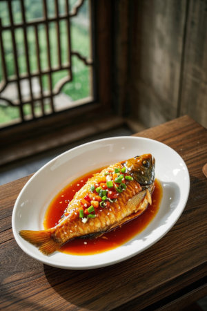 Close up of Chinese braised fish on a plateの素材