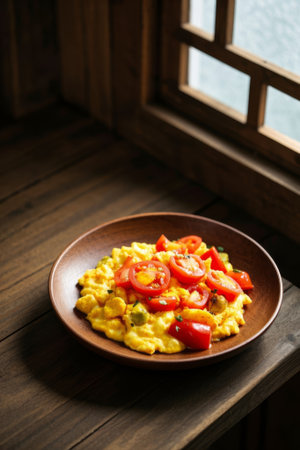 Still life scene of scrambled eggs with tomatoes on a wooden plateの素材