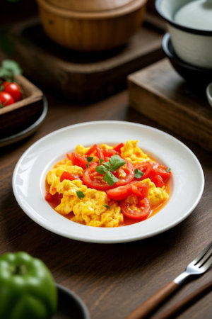 Scrambled eggs with tomatoes in a white dishの素材