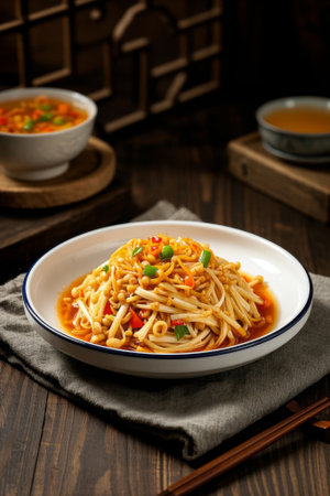 Cold enoki mushrooms at a Chinese tableの素材