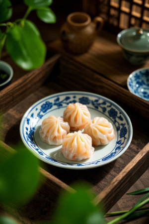 Exquisite shrimp dumplings on Chinese tablewareの素材