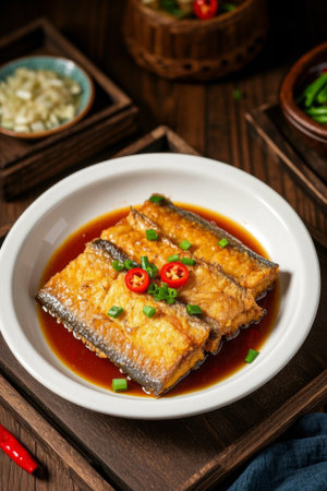 Braised fish with chopped green onions and peppers on a plateの素材