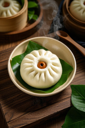 Steaming buns on a wooden tableの素材