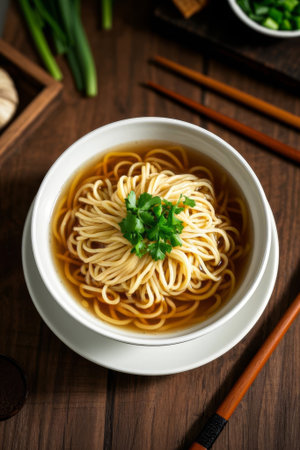 A bowl of cilantro noodles on a wooden tableの素材