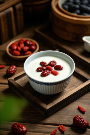 A bowl of drink with goji berries on a wooden tableの素材