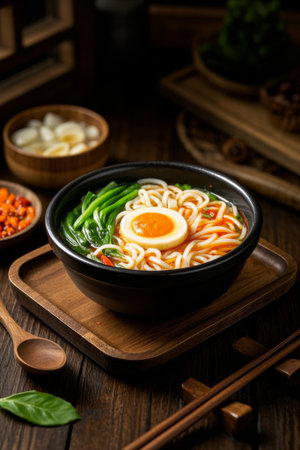 A bowl of delicious noodles on a wooden trayの素材
