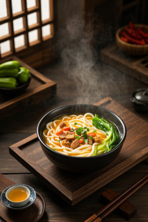 A bowl of steaming rice noodles on a Chinese wooden tableの素材