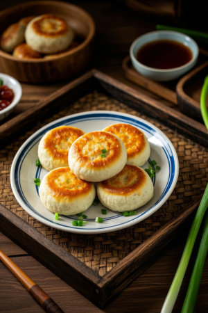 Staged Chinese dim sum scallion pancakesの素材