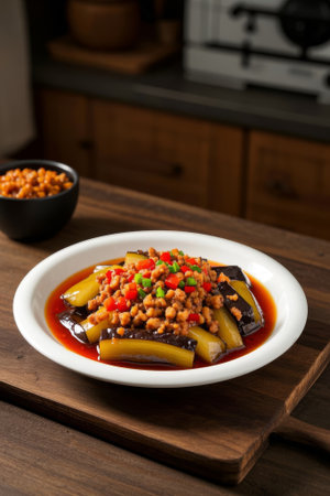 Minced Eggplant Dishes on a Wooden Cutting Boardの素材