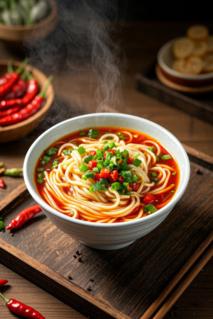 Close up of hot noodles in bowlsの素材