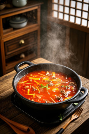 Steaming hot pot on a Chinese wooden tableの素材
