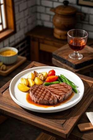 Steaks and sides at the tableの素材