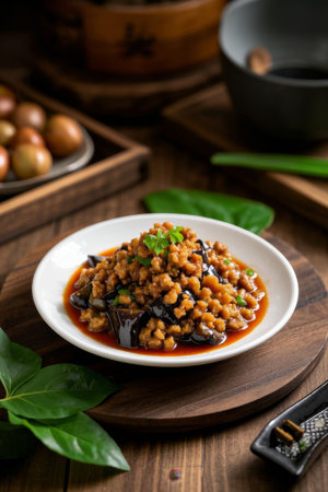Delicious minced meat eggplant on a wooden tableの素材