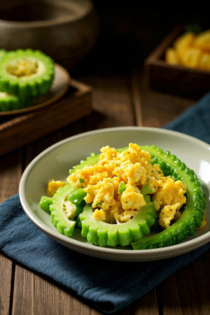 Bitter melon scrambled eggs on a plate, still life photosの素材