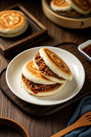 Meat pie delicacies on a wooden tableの素材