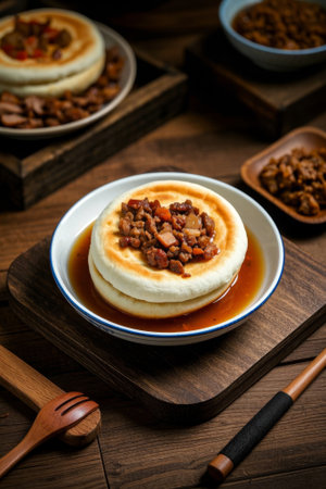 Close up of the meat sauce cake on a wooden plateの素材