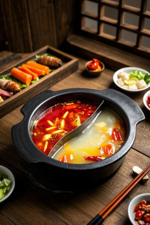Chinese style mandarin duck hot pot and ingredientsの素材