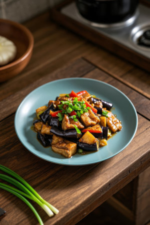 Delicious eggplant tofu dish on a wooden tableの素材