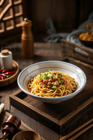 A bowl of delicious noodles on a wooden trayの素材
