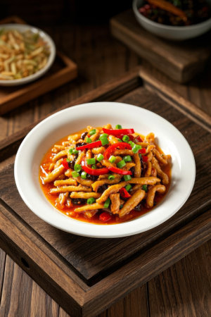 Delicious stir fry on a wooden plateの素材