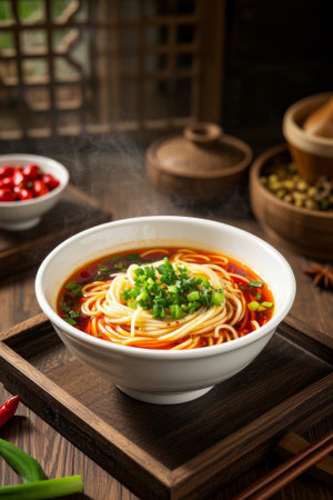 Chinese bowl style scallion noodles delicacyの素材