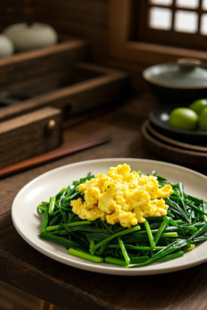 Chinese table chive scrambled egg dishの素材