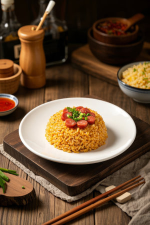 Exquisite sausage fried rice served on a wooden tableの素材