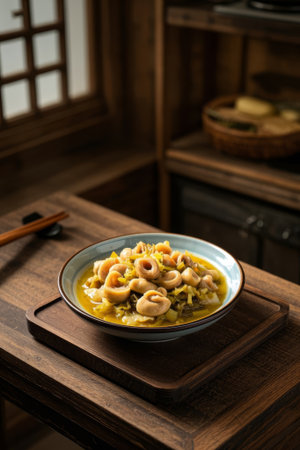 Chinese wooden table sauerkraut and sausage food shootingの素材