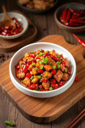 Spicy stir fried meat on a wooden plateの素材