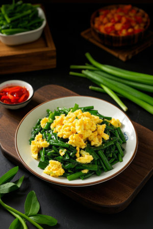 Close up of chive scrambled egg dishの素材