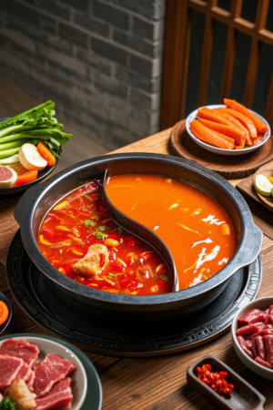 Chinese restaurant mandarin duck hot pot and side dishesの素材