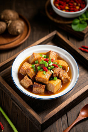Close up of braised tofu delicacy on a wooden plateの素材