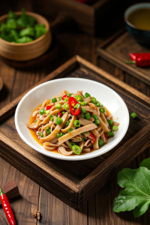 Cold shredded pork belly on a wooden plateの素材