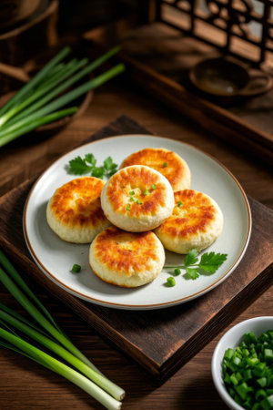 Close up of delicious scallion pancakes on the plateの素材