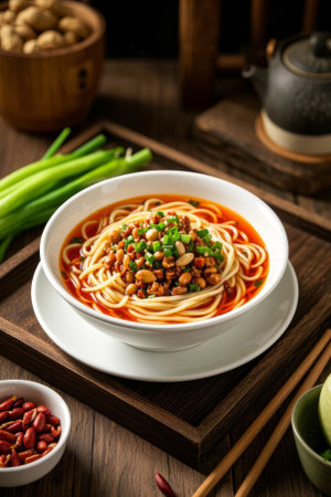 Close up of Chinese noodle delicacies on the plateの素材