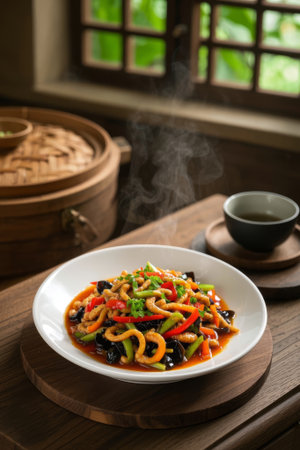 Steaming hot food at a wooden table with Chinese dishesの素材