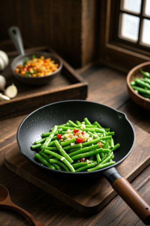 Green beans in a frying pan with side dishesの素材